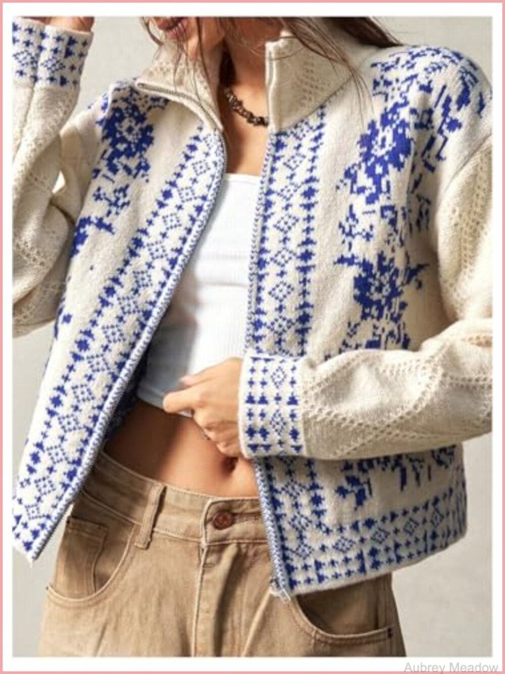 Floral Embroidered Boho Zip Up Cardigan Sweater - Picture 3 of 5